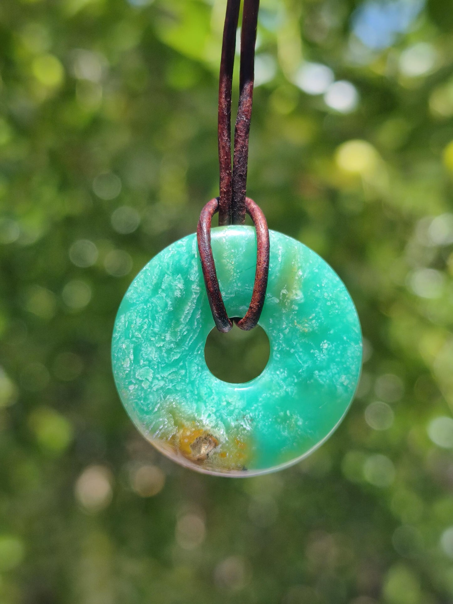 Chrysoprase Edelstein Donut Kette grün Natur GOA Boho Hippie Ethno Schutzsymbol Heilstein Sammler Unikat Mann Frau Er Sie Geschenk Anhänger