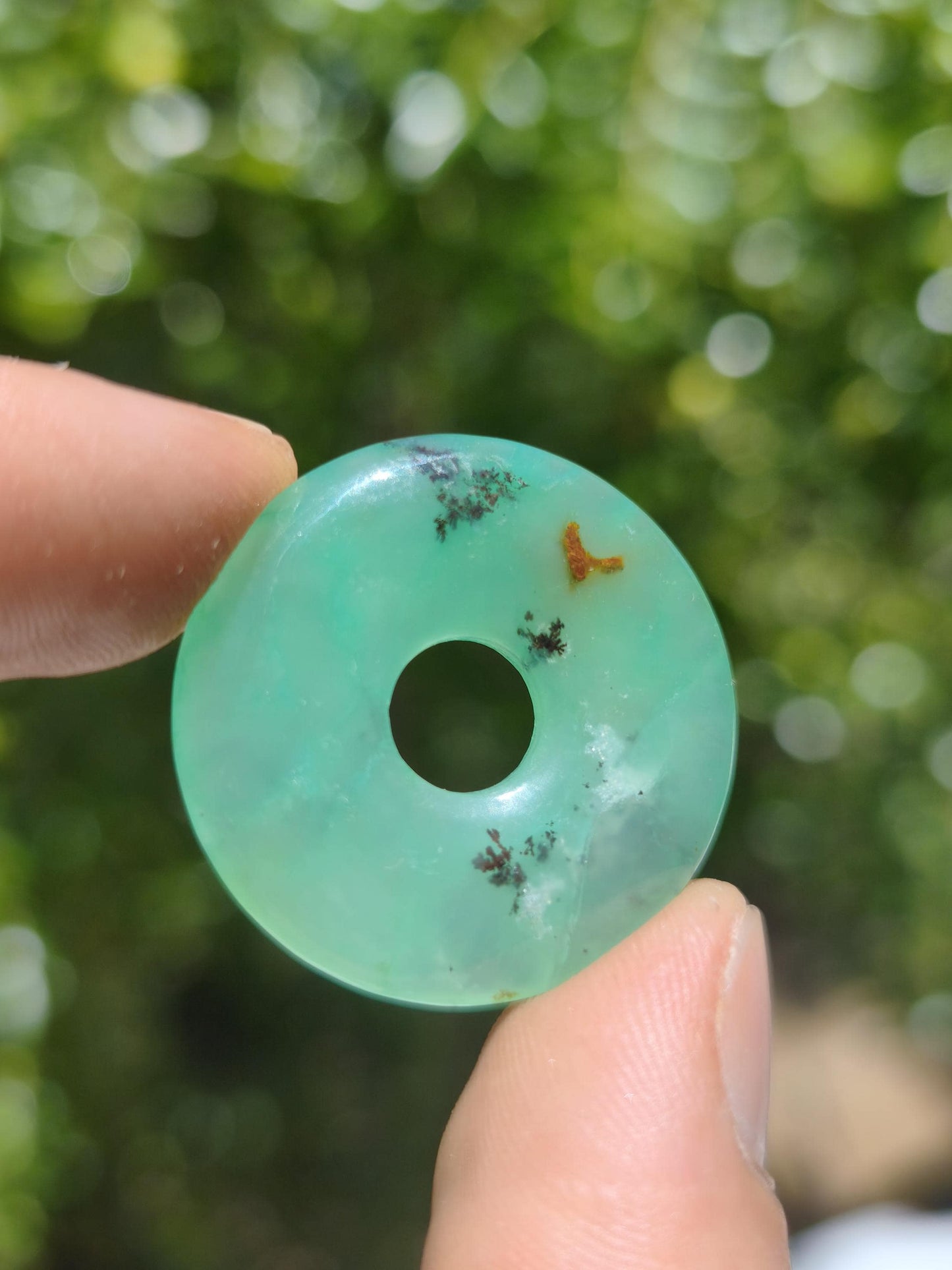 Chrysoprase Edelstein Donut Kette grün Natur GOA Boho Hippie Ethno Schutzsymbol Heilstein Sammler Unikat Mann Frau Er Sie Geschenk Anhänger