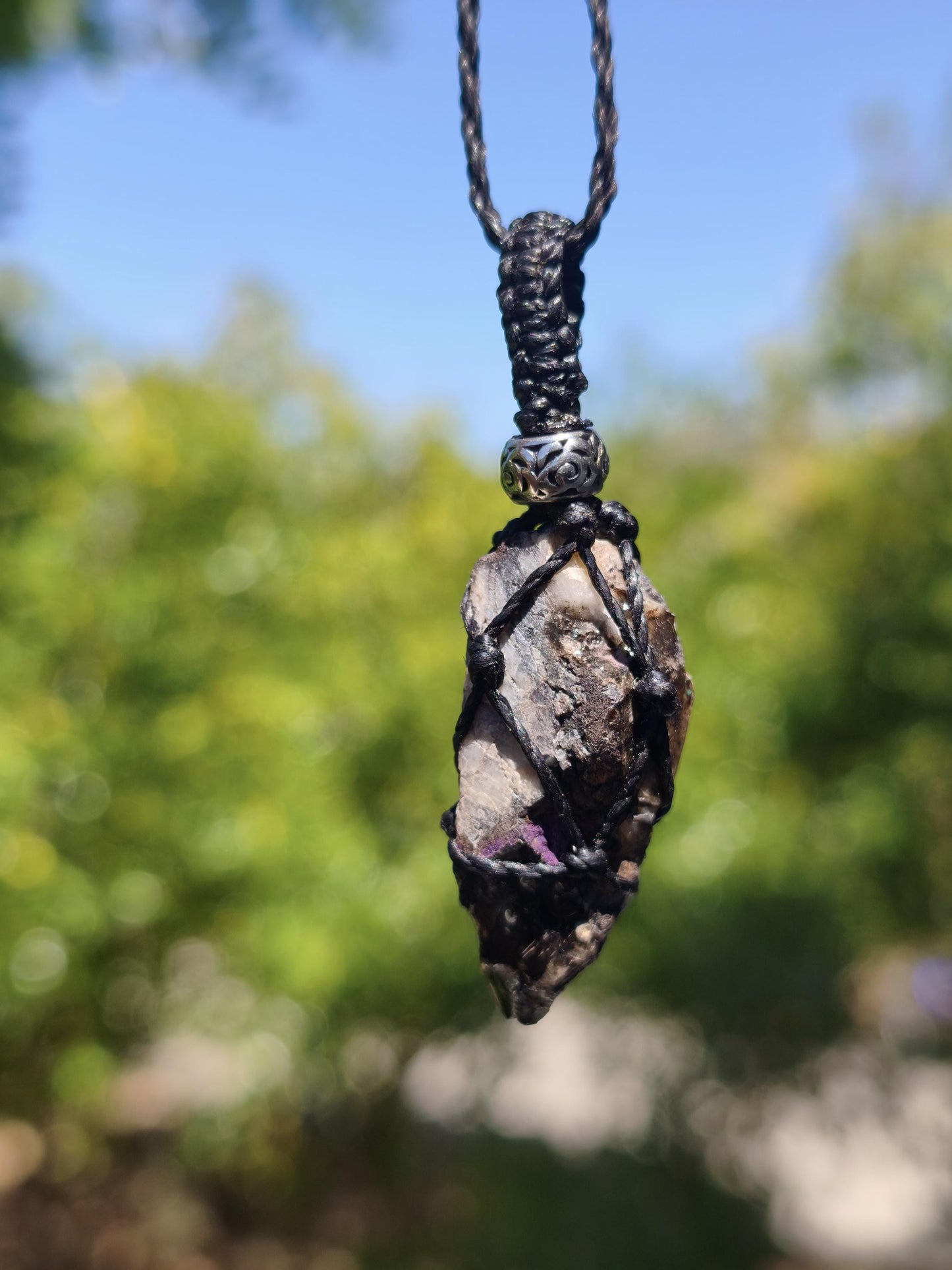 Purpurit ~ Makramee Edelstein Kette lila Natur HIPPIE GOA Boho Heilstein Kristalle Schmuck Anhänger Mann Frau Kind Geschenk Er Sie Schwester