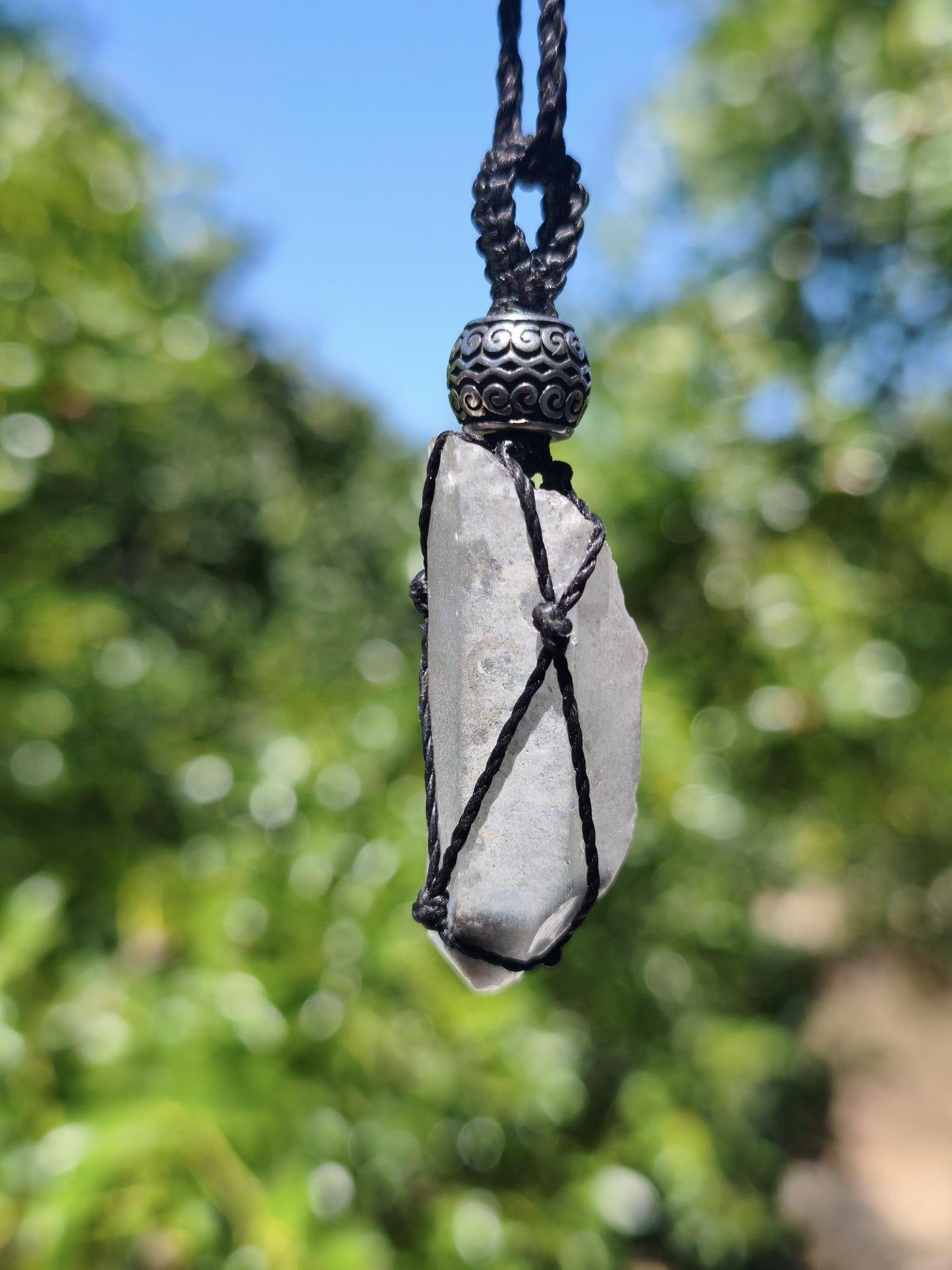 Black Phantom Quarz ~ Makramee Edelstein Kette ~HIPPIE ~GOA ~Boho ~Ethno ~Nature ~Heilstein ~roh Mineral Rarität