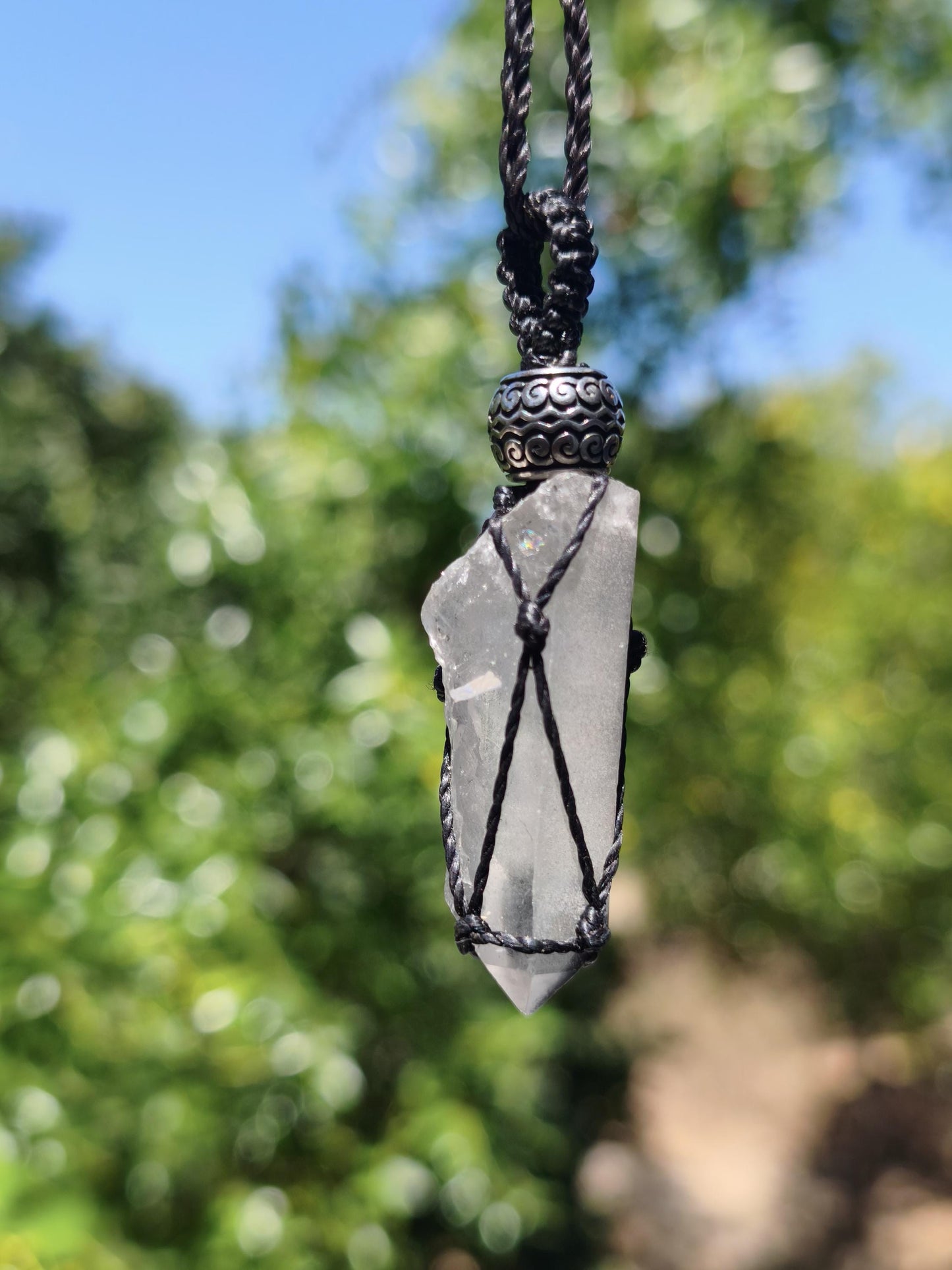 Black Phantom Quarz ~ Makramee Edelstein Kette ~HIPPIE ~GOA ~Boho ~Ethno ~Nature ~Heilstein ~roh Mineral Rarität