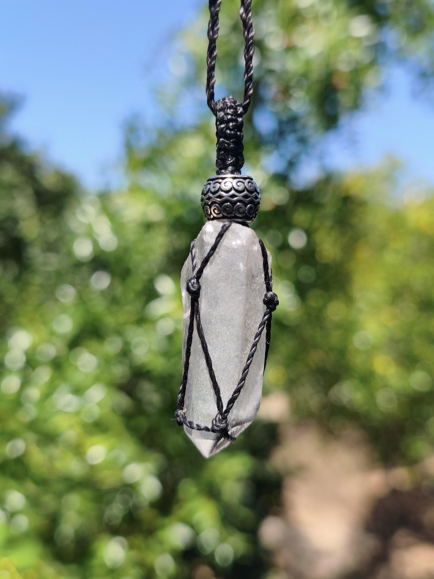 Black Phantom Quarz ~ Makramee Edelstein Kette ~HIPPIE ~GOA ~Boho ~Ethno ~Nature ~Heilstein ~roh Mineral Rarität