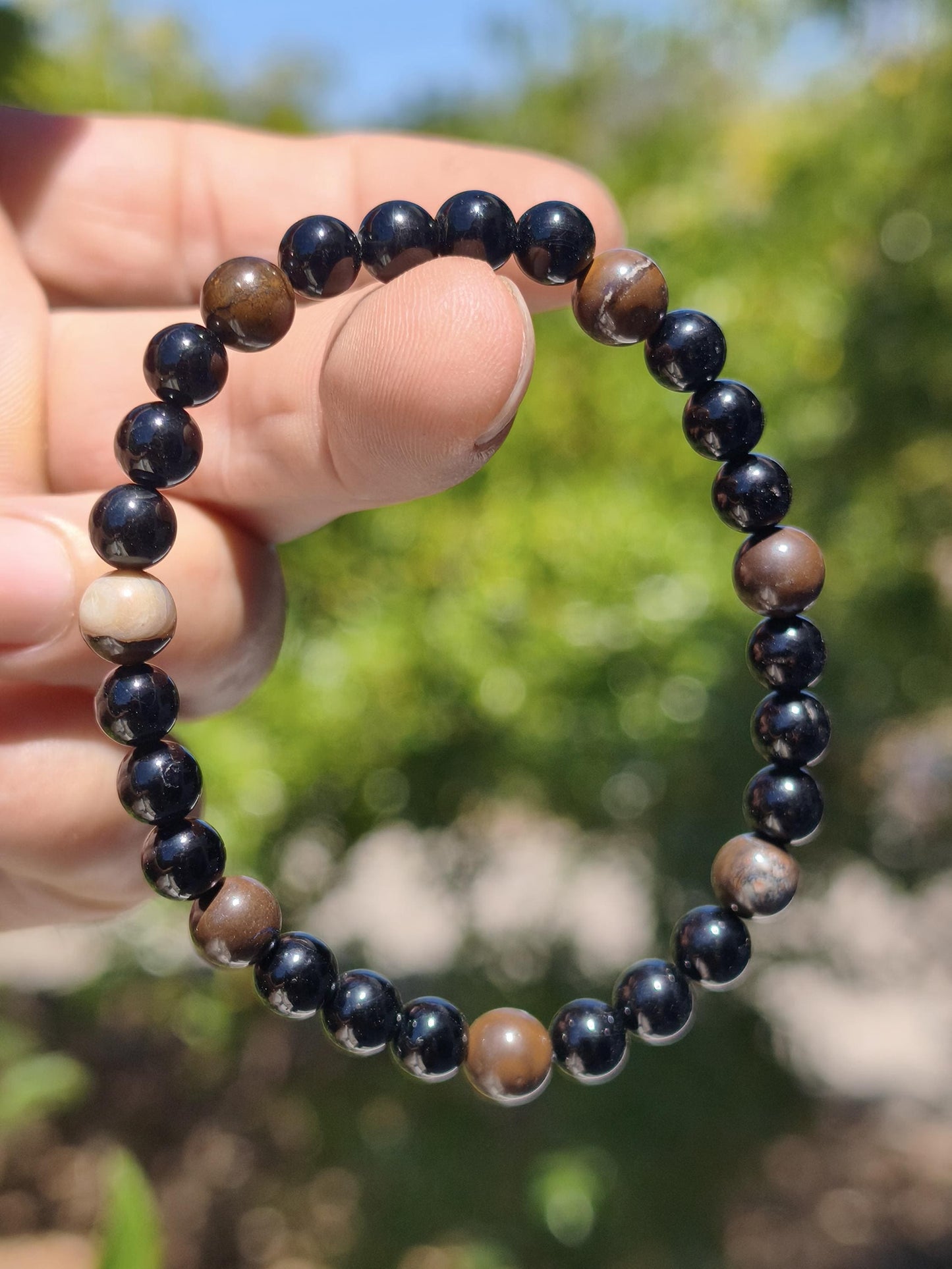 Boulder Opal + Turmalin schwarz (Schorl)- Edelstein Armband Stretch Perlen Geschenk Glück Mann Frau Kind Er Sie Freund Energie