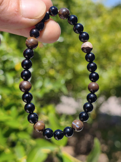 Boulder Opal + Turmalin schwarz (Schorl)- Edelstein Armband Stretch Perlen Geschenk Glück Mann Frau Kind Er Sie Freund Energie