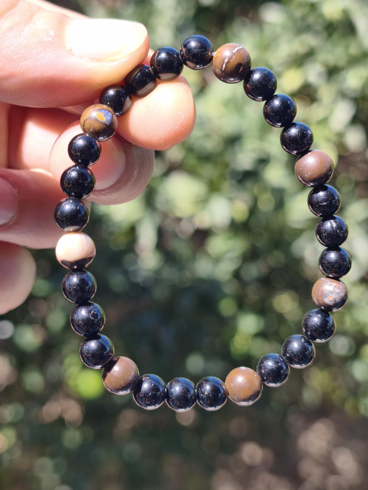Boulder Opal + Turmalin schwarz (Schorl)- Edelstein Armband Stretch Perlen Geschenk Glück Mann Frau Kind Er Sie Freund Energie