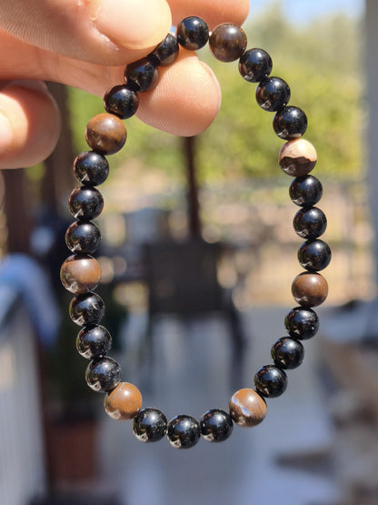 Boulder Opal + Turmalin schwarz (Schorl)- Edelstein Armband Stretch Perlen Geschenk Glück Mann Frau Kind Er Sie Freund Energie