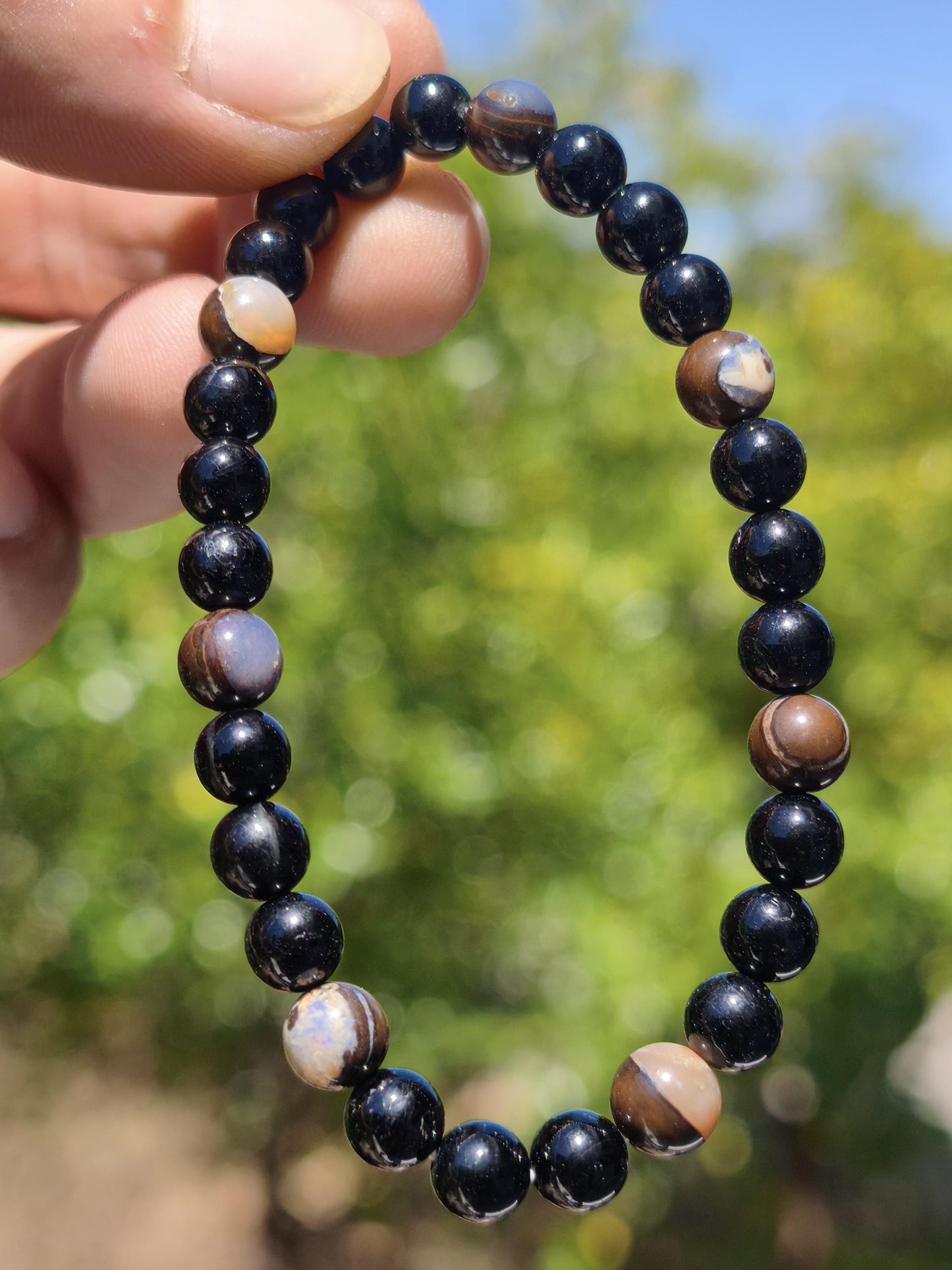 Boulder Opal + Turmalin schwarz (Schorl)- Edelstein Armband Stretch Perlen Geschenk Glück Mann Frau Kind Er Sie Freund Energie
