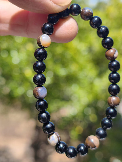 Boulder Opal + Turmalin schwarz (Schorl)- Edelstein Armband Stretch Perlen Geschenk Glück Mann Frau Kind Er Sie Freund Energie