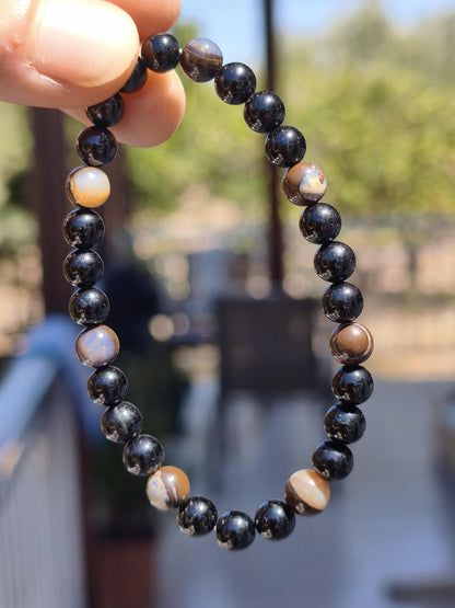Boulder Opal + Turmalin schwarz (Schorl)- Edelstein Armband Stretch Perlen Geschenk Glück Mann Frau Kind Er Sie Freund Energie