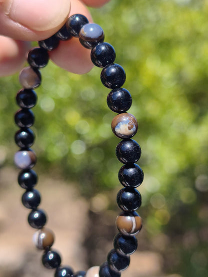 Boulder Opal + Turmalin schwarz (Schorl)- Edelstein Armband Stretch Perlen Geschenk Glück Mann Frau Kind Er Sie Freund Energie