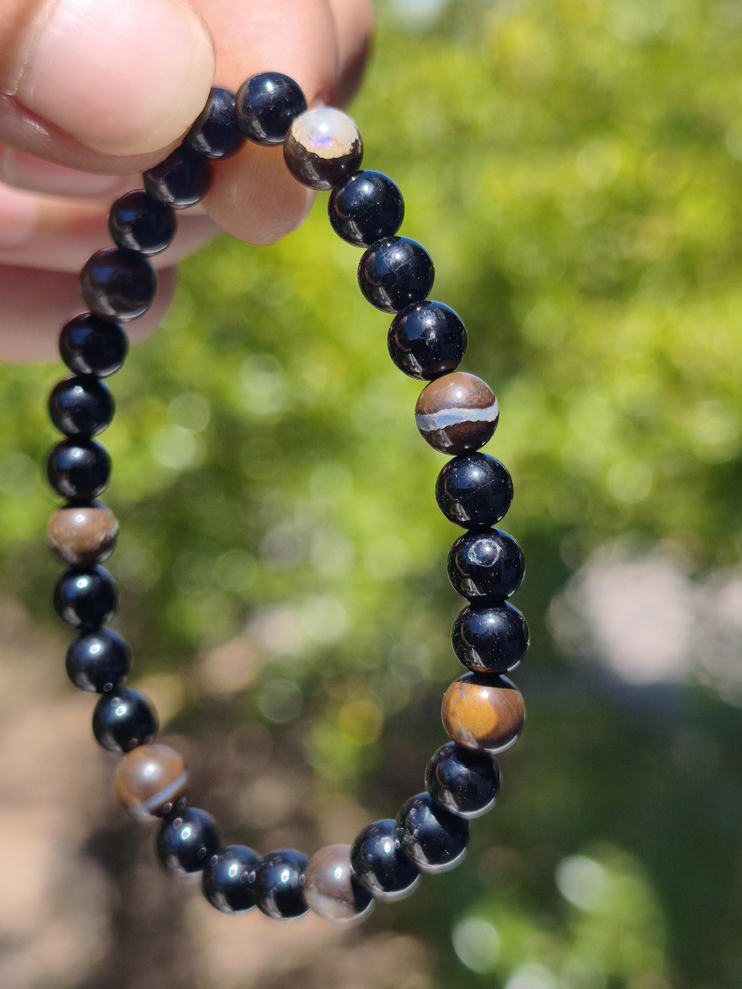 Boulder Opal + Turmalin schwarz (Schorl)- Edelstein Armband Stretch Perlen Geschenk Glück Mann Frau Kind Er Sie Freund Energie