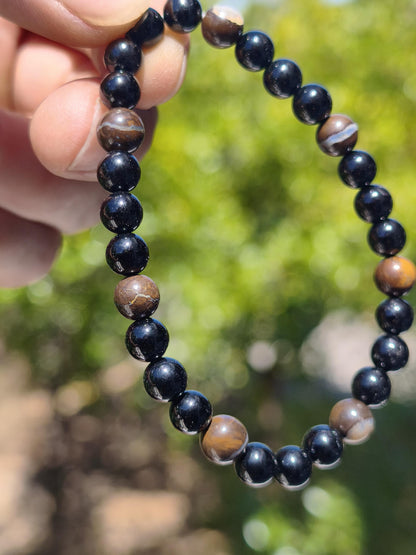 Boulder Opal + Turmalin schwarz (Schorl)- Edelstein Armband Stretch Perlen Geschenk Glück Mann Frau Kind Er Sie Freund Energie