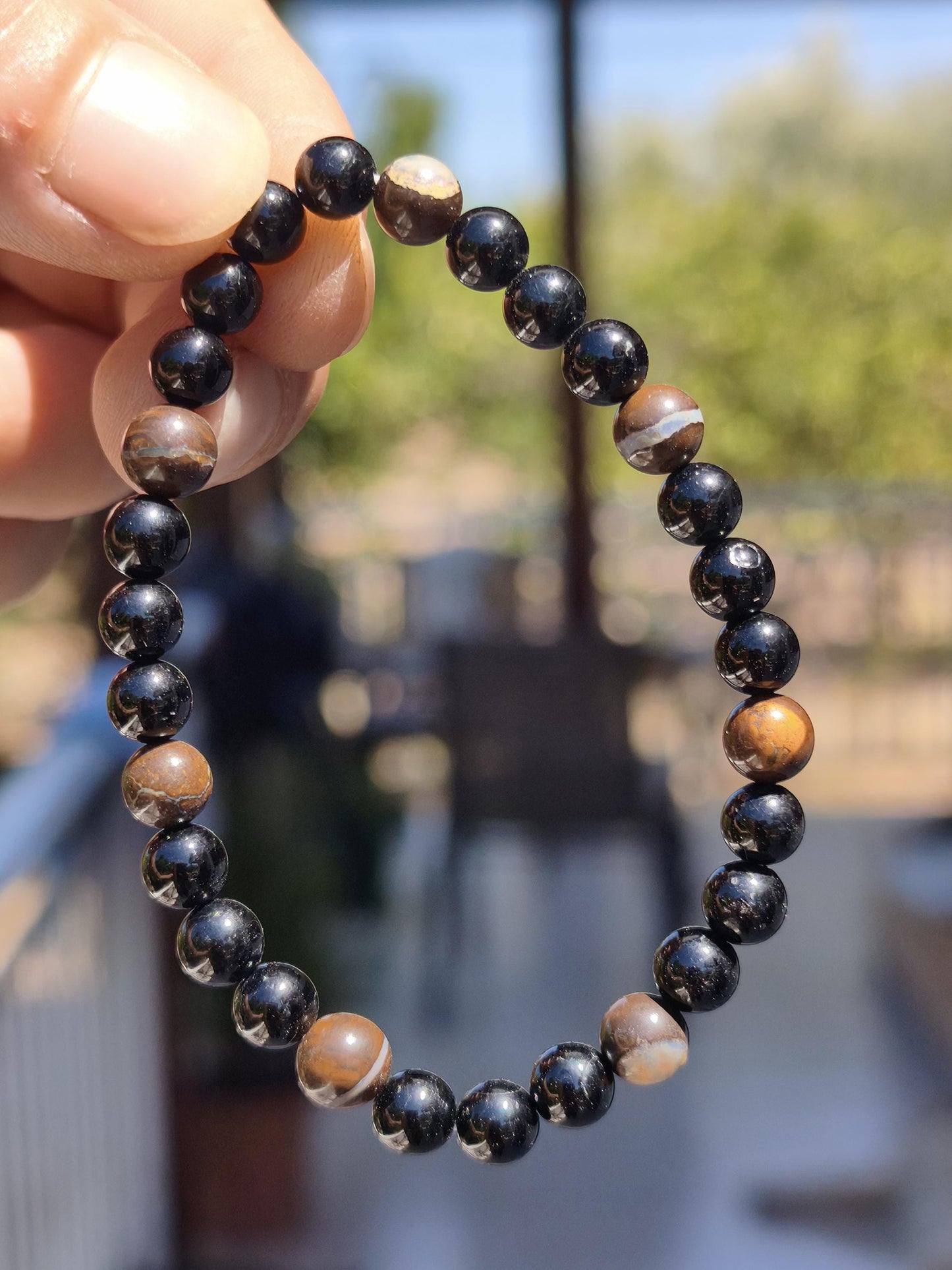 Boulder Opal + Turmalin schwarz (Schorl)- Edelstein Armband Stretch Perlen Geschenk Glück Mann Frau Kind Er Sie Freund Energie