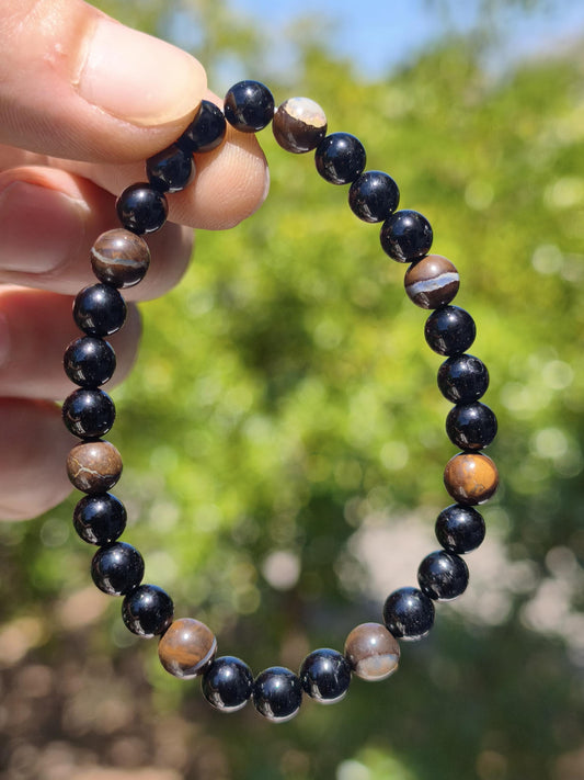 Boulder Opal + Turmalin schwarz (Schorl)- Edelstein Armband Stretch Perlen Geschenk Glück Mann Frau Kind Er Sie Freund Energie