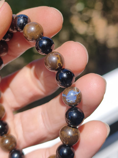 Boulder Opal + Turmalin schwarz (Schorl)- Edelstein Armband Stretch Perlen Geschenk Glück Mann Frau Kind Er Sie Freund Energie