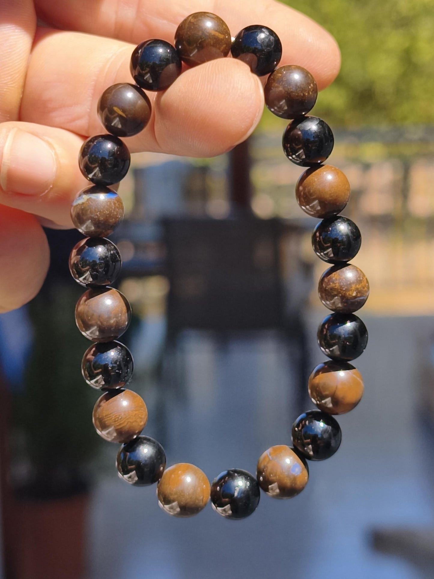 Boulder Opal + Turmalin schwarz (Schorl)- Edelstein Armband Stretch Perlen Geschenk Glück Mann Frau Kind Er Sie Freund Energie