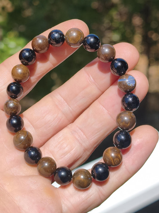 Boulder Opal + Turmalin schwarz (Schorl)- Edelstein Armband Stretch Perlen Geschenk Glück Mann Frau Kind Er Sie Freund Energie