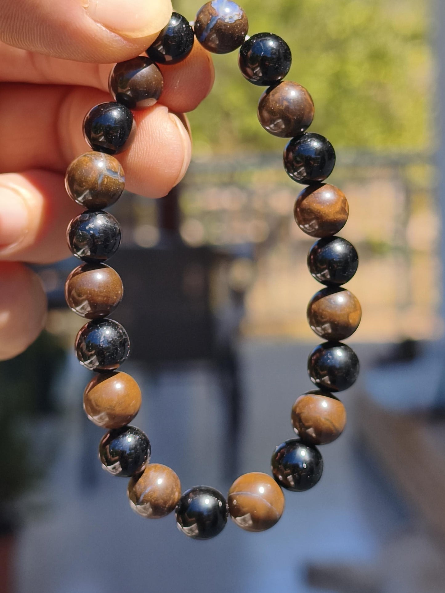 Boulder Opal + Turmalin schwarz (Schorl)- Edelstein Armband Stretch Perlen Geschenk Glück Mann Frau Kind Er Sie Freund Energie