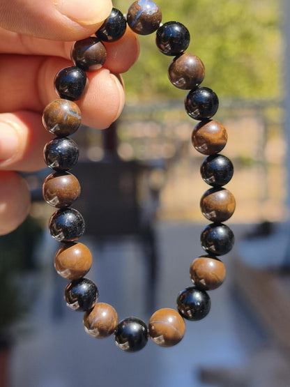 Boulder Opal + Turmalin schwarz (Schorl)- Edelstein Armband Stretch Perlen Geschenk Glück Mann Frau Kind Er Sie Freund Energie