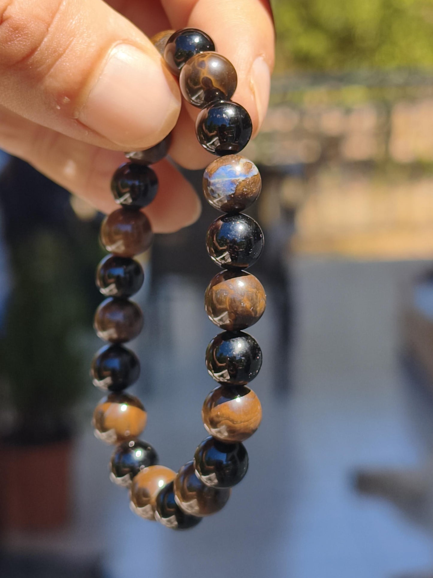 Boulder Opal + Turmalin schwarz (Schorl)- Edelstein Armband Stretch Perlen Geschenk Glück Mann Frau Kind Er Sie Freund Energie