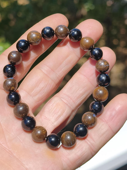 Boulder Opal + Turmalin schwarz (Schorl)- Edelstein Armband Stretch Perlen Geschenk Glück Mann Frau Kind Er Sie Freund Energie