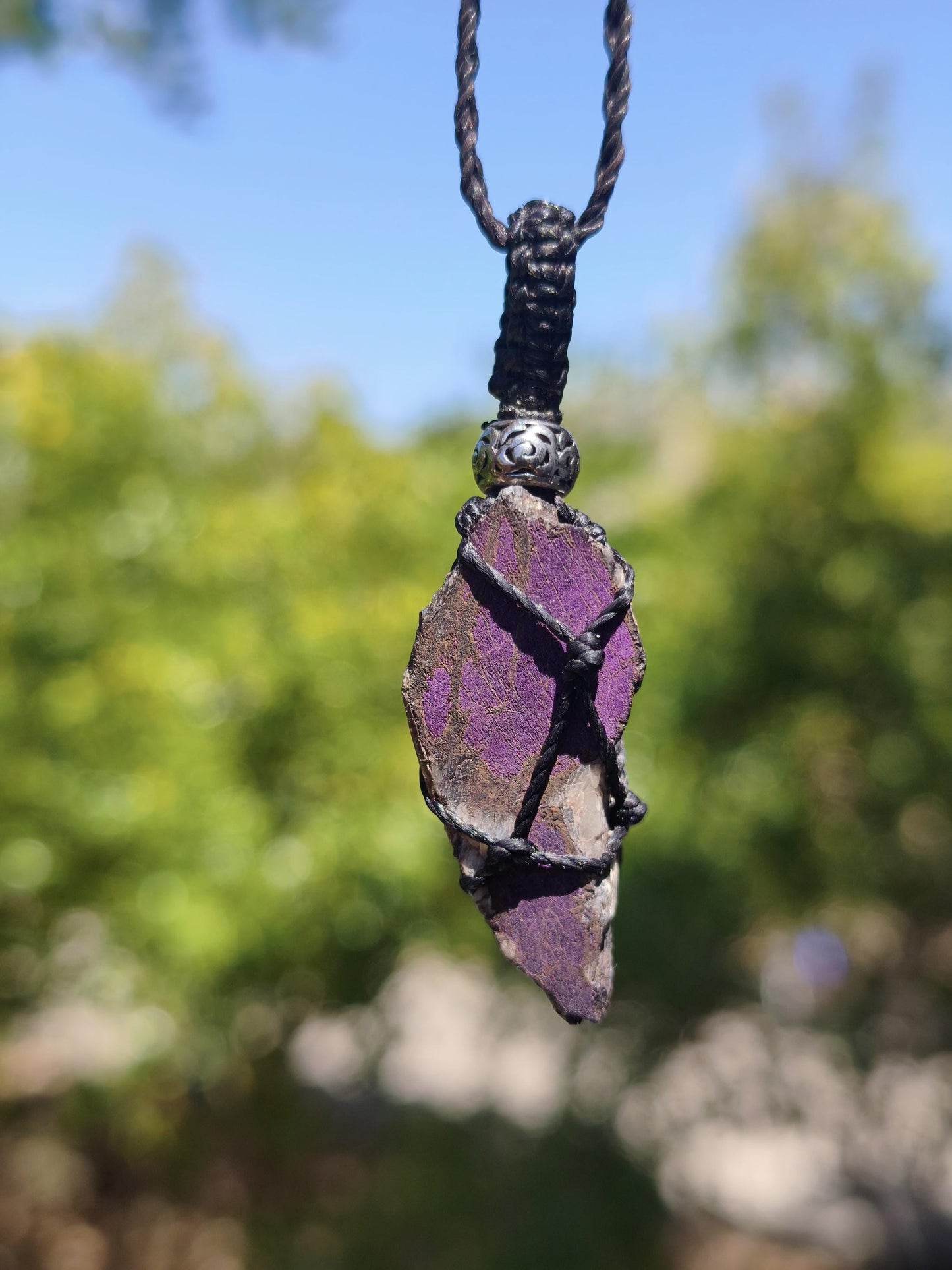 Purpurit ~ Makramee Edelstein Kette lila Natur HIPPIE GOA Boho Heilstein Kristalle Schmuck Anhänger Mann Frau Kind Geschenk Er Sie Schwester