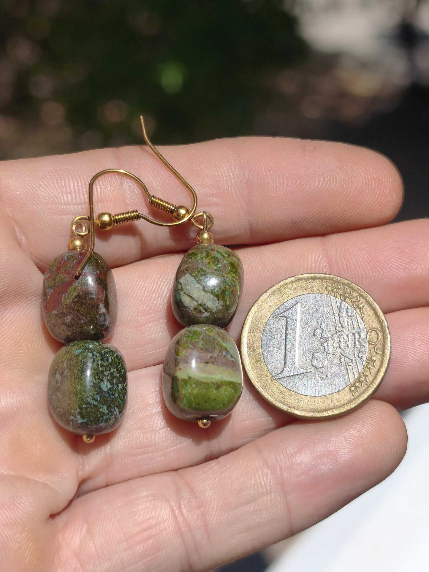 Rhyolith ~  Edelstein Ohrringe Geschenk Frau Schmuck Sie Freundin grün GOA Hippie Boho Natur Heilstein Natur Ohrhänger Edelstahl