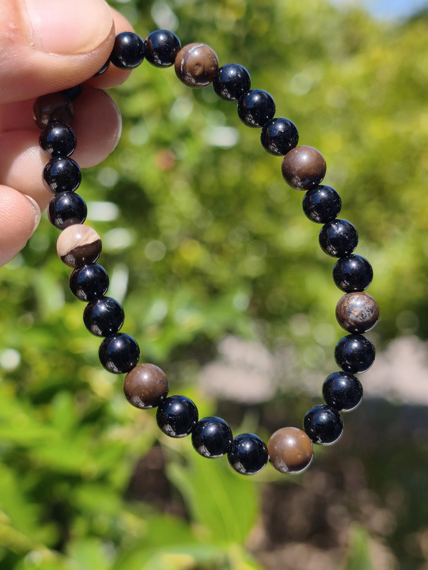 Boulder Opal + Turmalin schwarz (Schorl)- Edelstein Armband Stretch Perlen Geschenk Glück Mann Frau Kind Er Sie Freund Energie