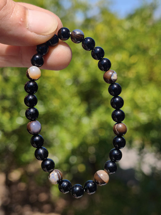 Boulder Opal + Turmalin schwarz (Schorl)- Edelstein Armband Stretch Perlen Geschenk Glück Mann Frau Kind Er Sie Freund Energie