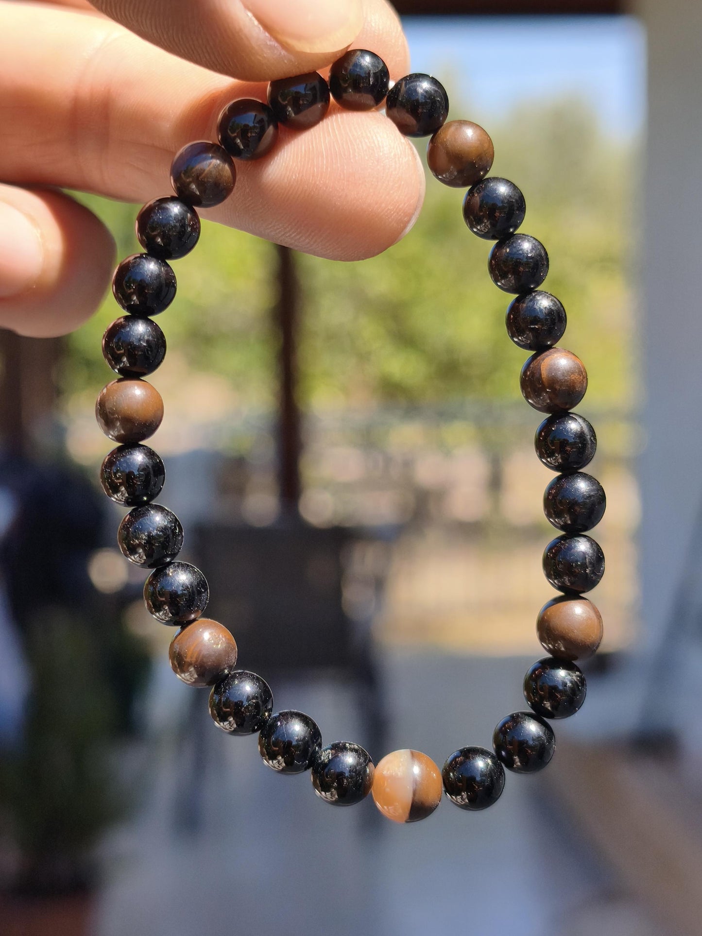 Boulder Opal + Turmalin schwarz (Schorl)- Edelstein Armband Stretch Perlen Geschenk Glück Mann Frau Kind Er Sie Freund Energie