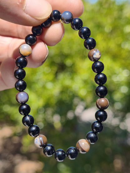 Boulder Opal + Turmalin schwarz (Schorl)- Edelstein Armband Stretch Perlen Geschenk Glück Mann Frau Kind Er Sie Freund Energie