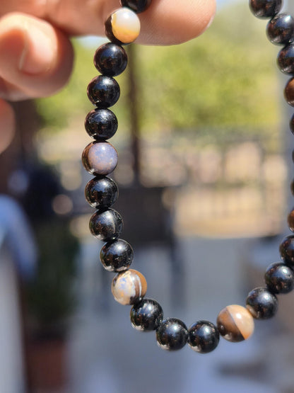 Boulder Opal + Turmalin schwarz (Schorl)- Edelstein Armband Stretch Perlen Geschenk Glück Mann Frau Kind Er Sie Freund Energie