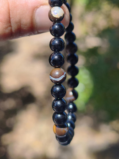 Boulder Opal + Turmalin schwarz (Schorl)- Edelstein Armband Stretch Perlen Geschenk Glück Mann Frau Kind Er Sie Freund Energie