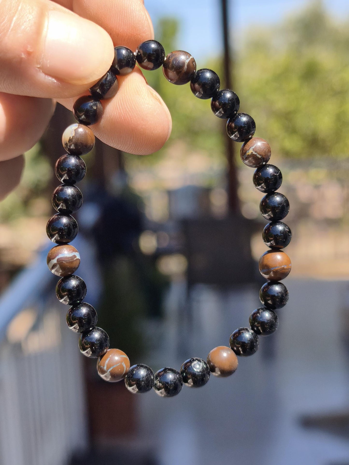 Boulder Opal + Turmalin schwarz (Schorl)- Edelstein Armband Stretch Perlen Geschenk Glück Mann Frau Kind Er Sie Freund Energie