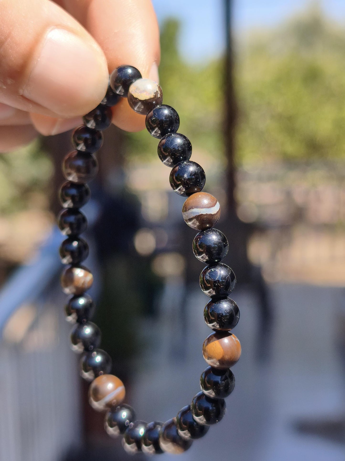 Boulder Opal + Turmalin schwarz (Schorl)- Edelstein Armband Stretch Perlen Geschenk Glück Mann Frau Kind Er Sie Freund Energie