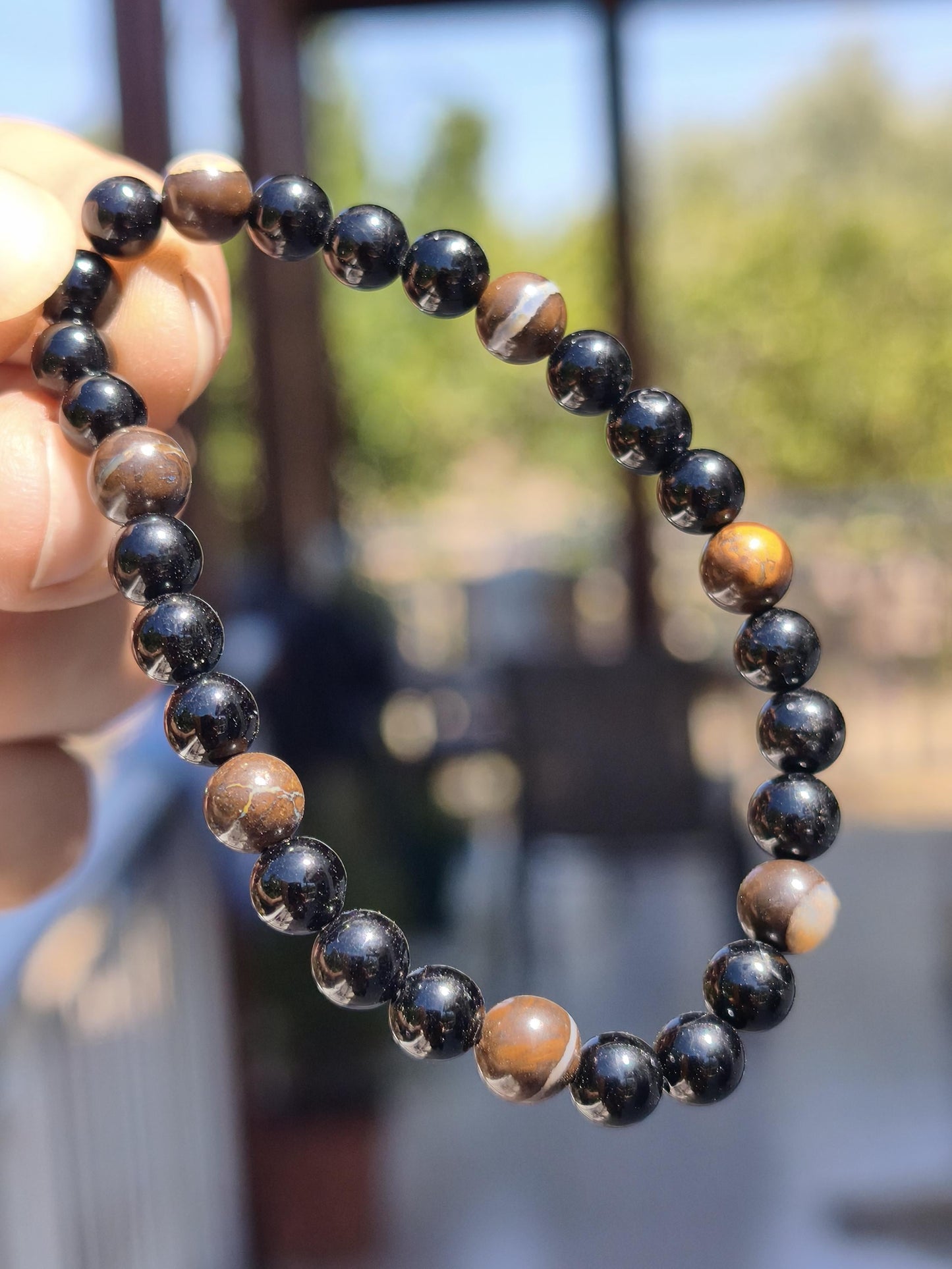 Boulder Opal + Turmalin schwarz (Schorl)- Edelstein Armband Stretch Perlen Geschenk Glück Mann Frau Kind Er Sie Freund Energie