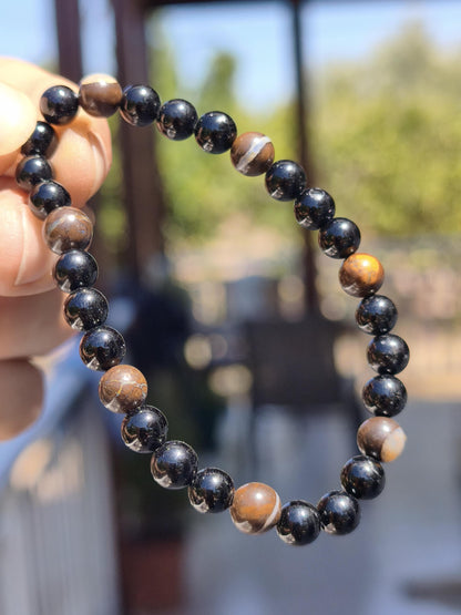 Boulder Opal + Turmalin schwarz (Schorl)- Edelstein Armband Stretch Perlen Geschenk Glück Mann Frau Kind Er Sie Freund Energie