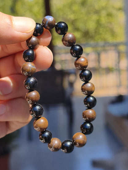 Boulder Opal + Turmalin schwarz (Schorl)- Edelstein Armband Stretch Perlen Geschenk Glück Mann Frau Kind Er Sie Freund Energie