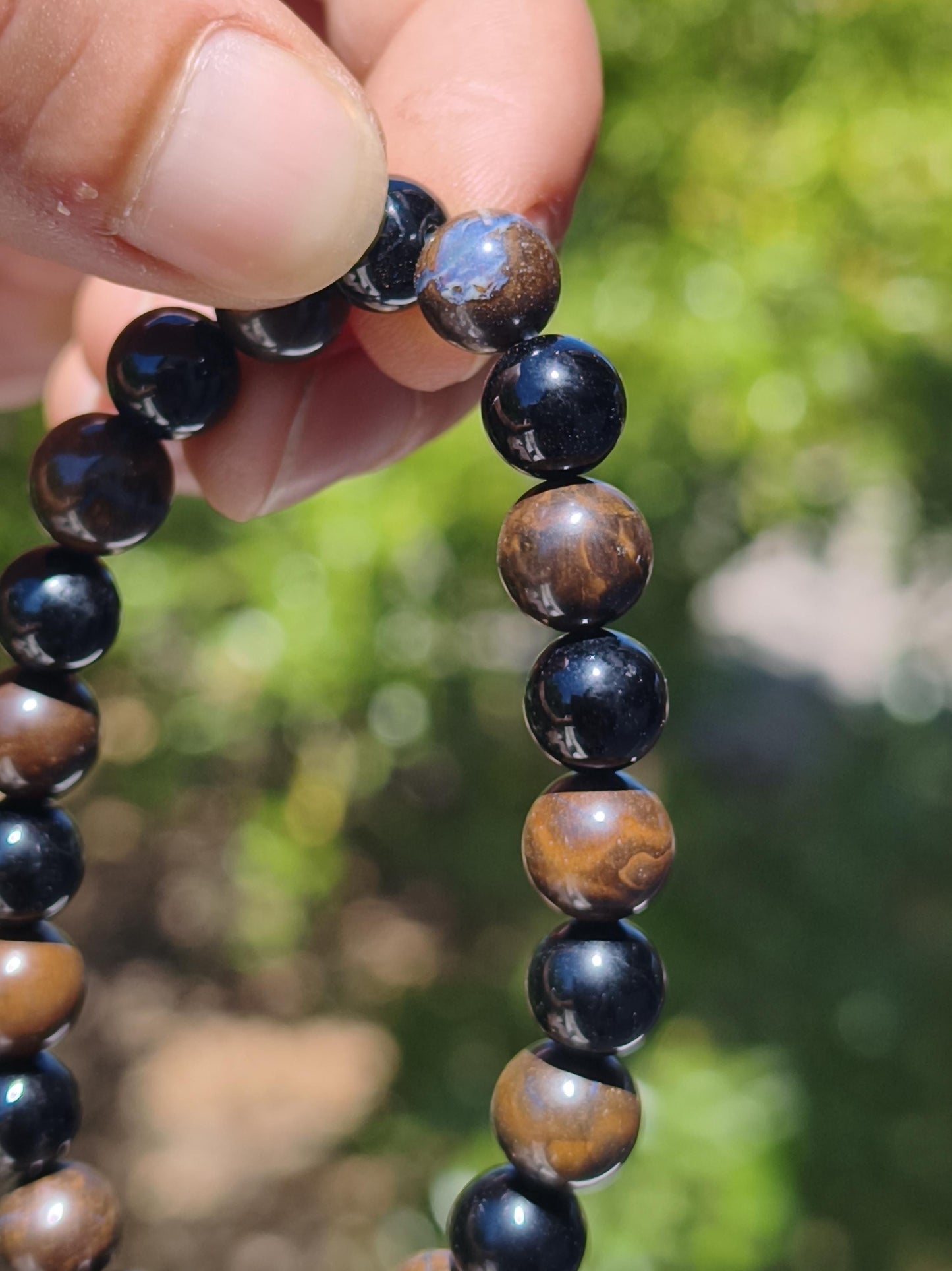Boulder Opal + Turmalin schwarz (Schorl)- Edelstein Armband Stretch Perlen Geschenk Glück Mann Frau Kind Er Sie Freund Energie