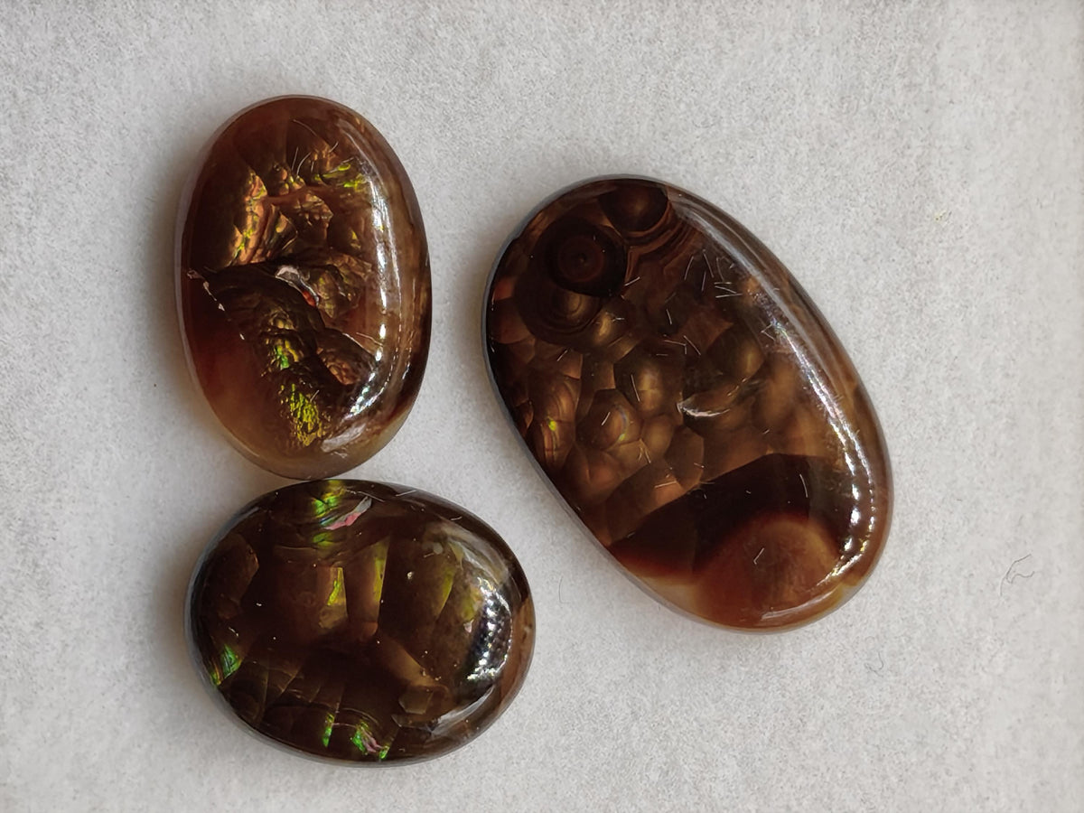 3 Set Feuer Achat Mexiko opalisierend AAA Sammlerstein Mineralien Kristalle Kollektion Cabochon natürlich Heilstein Rarität Muster Selten