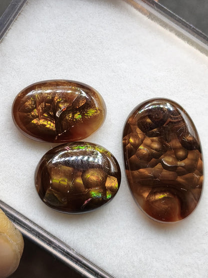 3 Set Feuer Achat Mexiko opalisierend AAA Sammlerstein Mineralien Kristalle Kollektion Cabochon natürlich Heilstein Rarität Muster Selten