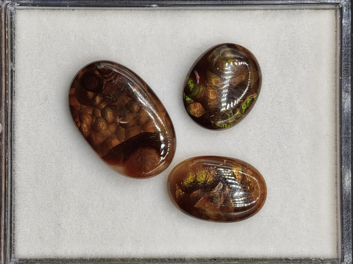 3 Set Feuer Achat Mexiko opalisierend AAA Sammlerstein Mineralien Kristalle Kollektion Cabochon natürlich Heilstein Rarität Muster Selten