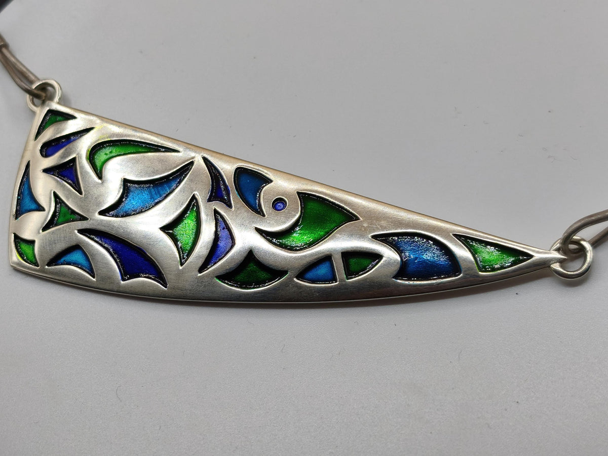 Vintage Silberkette 925 mit Emaille | Großer Design Anhänger 94 mm | Modernist Schmuck Grün Blau Violett | KS Punze Schmuck Unikat Frau
