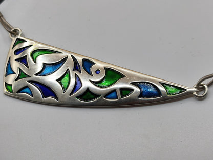 Vintage Silberkette 925 mit Emaille | Großer Design Anhänger 94 mm | Modernist Schmuck Grün Blau Violett | KS Punze Schmuck Unikat Frau