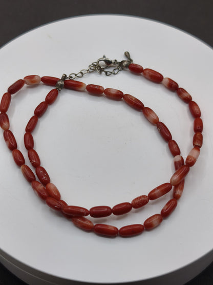 Vintage Korallen Kette – echte rote Koralle 10x4mm Perlen – 44cm – 925 Silber Kristall Schmuck Frau Edel