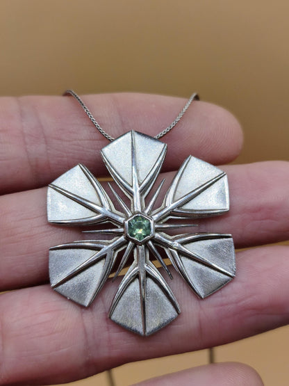 Montana Saphir grün Schneeflocken Kette Vintage mit Edelstein Silber Eiskristall Anhänger Geometrie Silber Schmuck Heilstein Rarität Frau