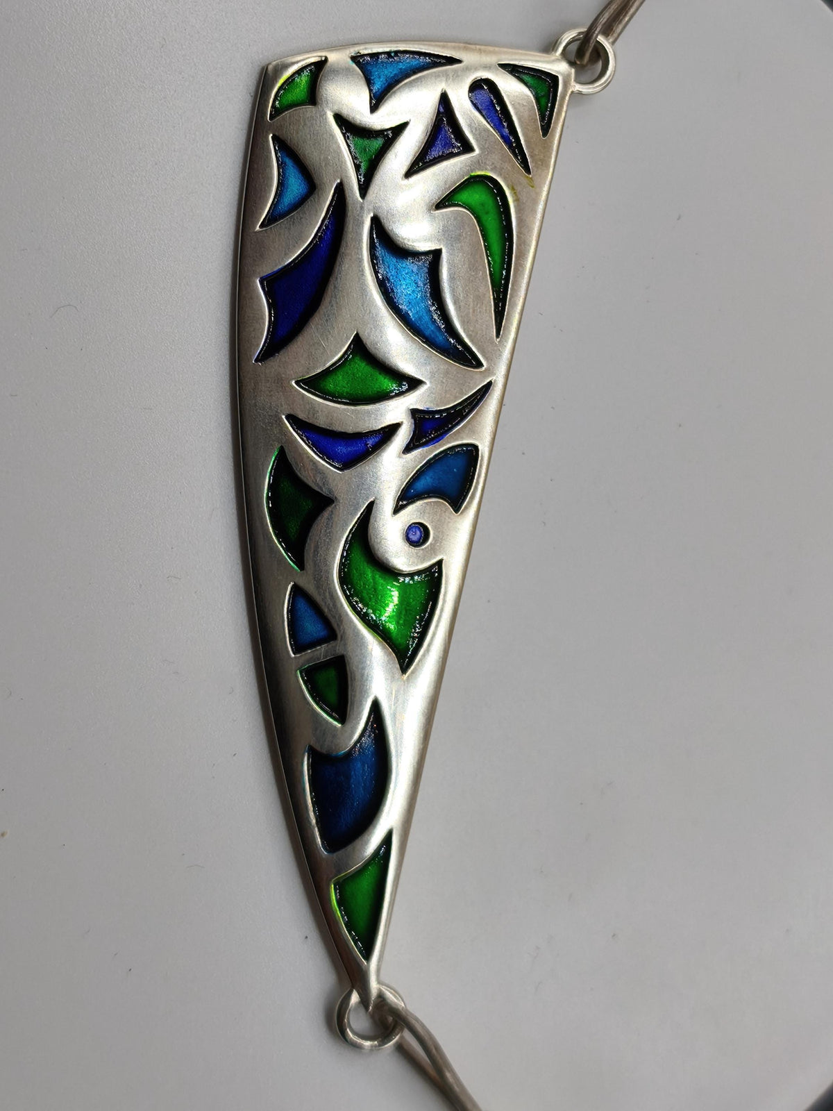 Vintage Silberkette 925 mit Emaille | Großer Design Anhänger 94 mm | Modernist Schmuck Grün Blau Violett | KS Punze Schmuck Unikat Frau