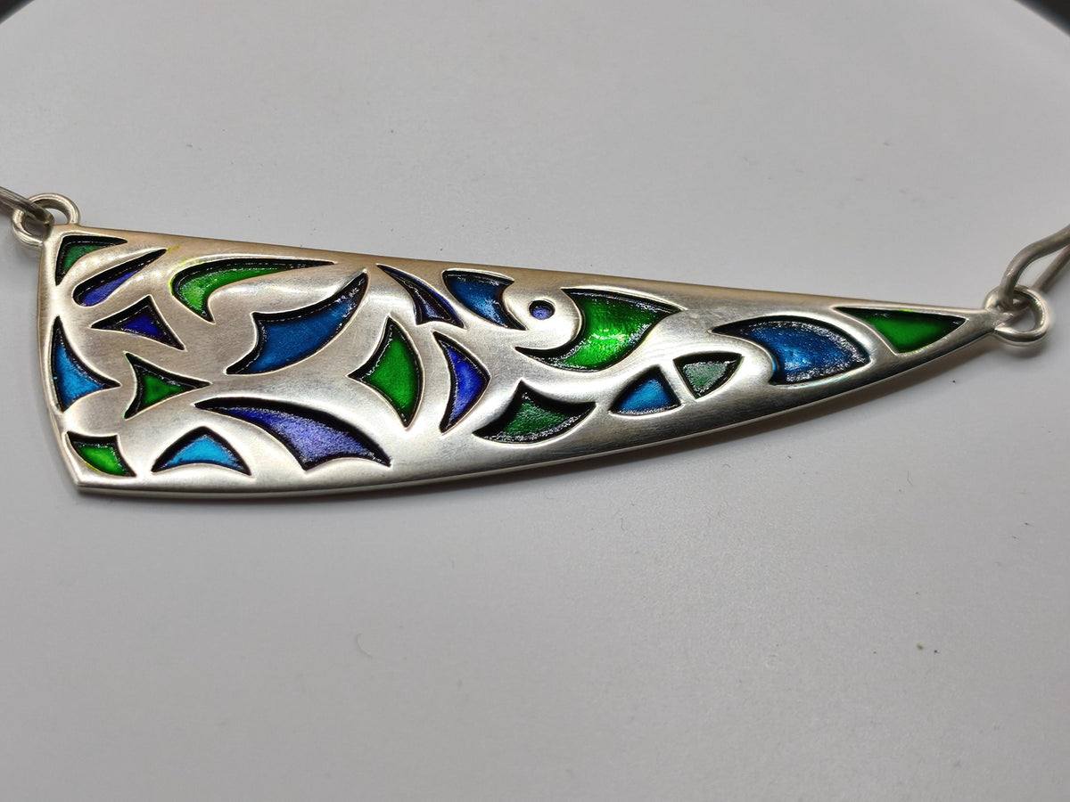 Vintage Silberkette 925 mit Emaille | Großer Design Anhänger 94 mm | Modernist Schmuck Grün Blau Violett | KS Punze Schmuck Unikat Frau