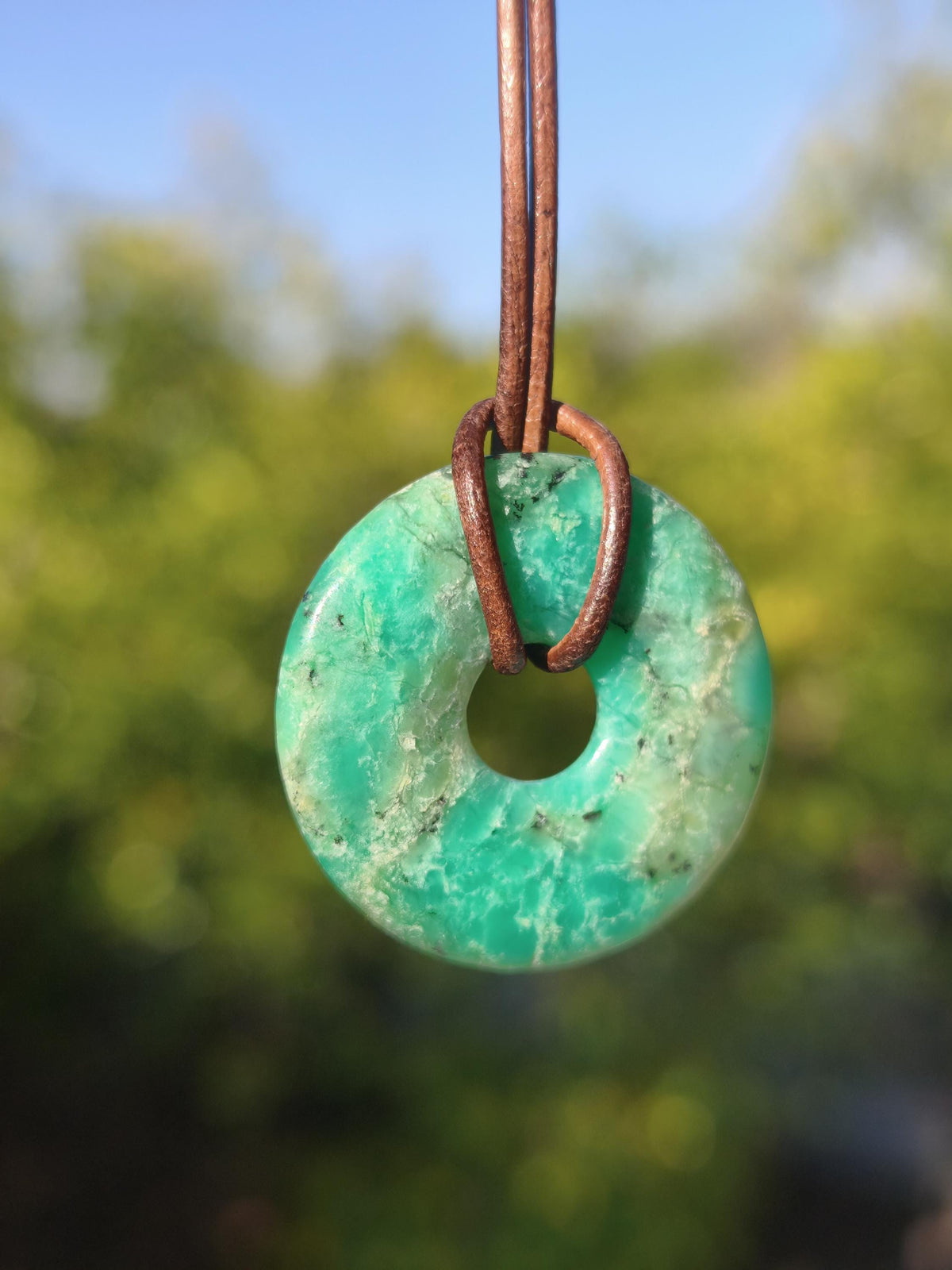 Chrysoprase Edelstein Donut Kette grün Natur GOA Boho Hippie Ethno Schutzsymbol Heilstein Sammler Unikat Mann Frau Er Sie Geschenk Anhänger