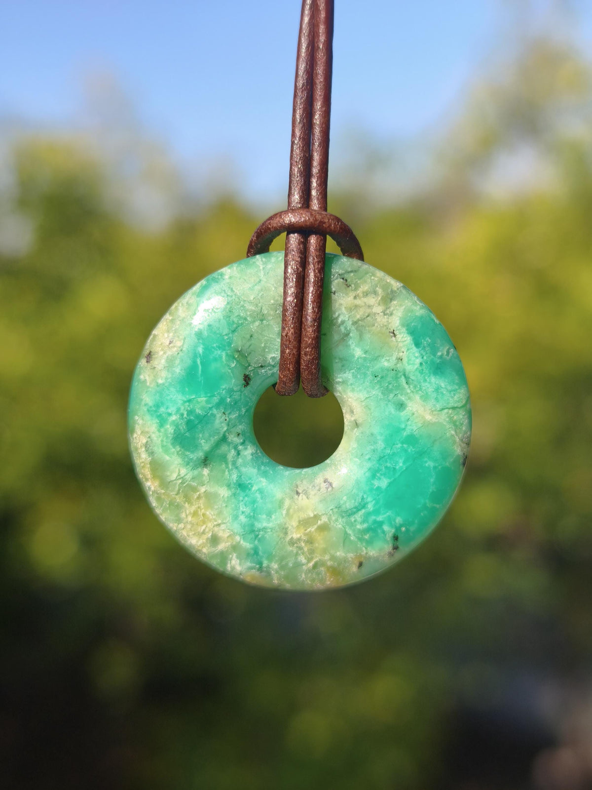 Chrysoprase Edelstein Donut Kette grün Natur GOA Boho Hippie Ethno Schutzsymbol Heilstein Sammler Unikat Mann Frau Er Sie Geschenk Anhänger
